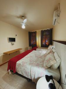 Dormitorio con cama, escritorio y TV en Pousada da Villa, en Lençóis