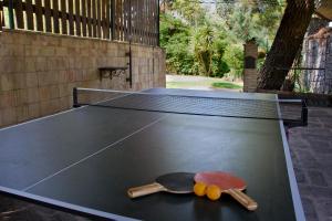 a ping pong table with two ping pong paddles and a racket at Villa Scozilia in Piedimonte Etneo