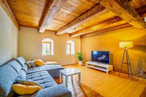 a living room with a blue couch and a tv at Living in the old granary in Ermsleben