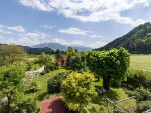 an aerial view of a garden with mountains in the background at Ferienwohnungen beim Silbergersee in Oberaudorf