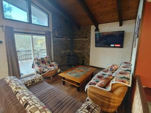 ein Wohnzimmer mit Sofas und einem Flachbild-TV in der Unterkunft Mountain Cabin near Yosemite in Groveland