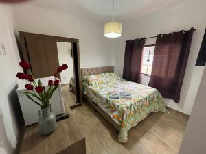 a bedroom with a bed and a mirror and a vase of flowers at Pouso Primavera in Tiradentes