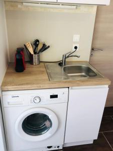 uma cozinha com uma máquina de lavar roupa e um lavatório em STUDIO COSY LES FRANGIPANNIERS em Oyster Pond