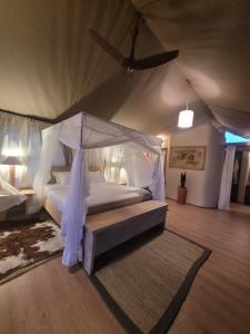 a bedroom with a bed with a ceiling fan at Mara Maisha Camp in Talek