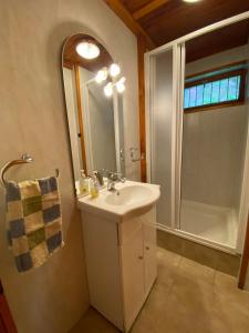 bagno con lavandino, specchio e doccia di Pelso Vendégház a Balatonmáriafürdő