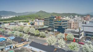 eine Luftansicht einer Stadt mit Gebäuden und Bäumen in der Unterkunft Gyeongju GG Tourist Hotel in Gyeongju