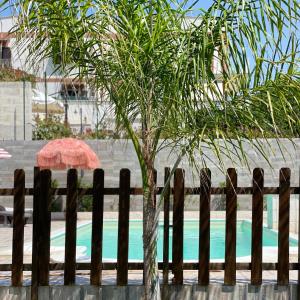une clôture en bois avec un petit palmier à côté d'une piscine dans l'établissement B&B Anirè, à Tarente