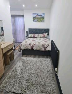 a bedroom with a bed and a rug at Charming 1-Bed Apartment in Peebles in Peebles
