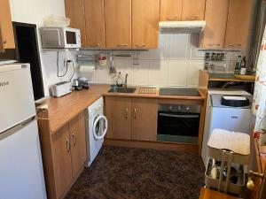 a small kitchen with wooden cabinets and a white appliance at Casa en el corazón de Gredos, amplia y agradable. in Navacepeda de Tormes