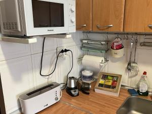 encimera de cocina con microondas y fregadero en Casa en el corazón de Gredos, amplia y agradable., en Navacepeda de Tormes