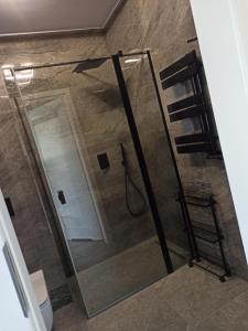 a glass shower with a ladder in a bathroom at Apartament Mazury Mrągowo nad jeziorem. in Mrągowo