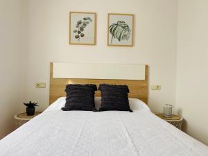 a bedroom with a white bed with two black pillows at Sa Tuna - Delta de l'Ebre in Riumar