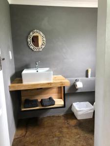 a bathroom with a sink and a mirror at Drakensberg Inkosana Lodge in Champagne Valley