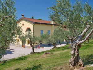 Rivoli VeroneseにあるCason degli Uliviの目の前の木々が茂る黄色い家