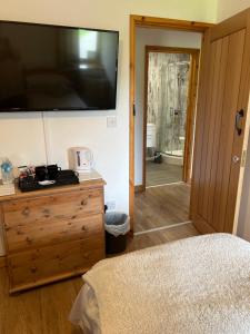 a bedroom with a dresser and a large television on the wall at Beudy Bach in Cross Hands