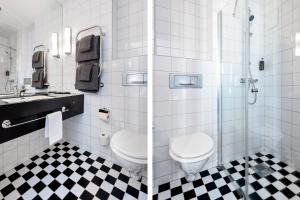 two pictures of a bathroom with a toilet and a shower at Clarion Collection Hotel Tapto in Stockholm