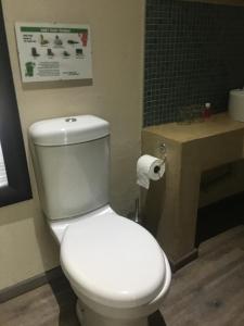 a bathroom with a white toilet and a sink at Damascus Bush Lodge in Hartbeespoort