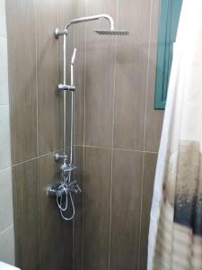 a shower with a shower head in a bathroom at Serafi Cozy Rooms in Archangelos +42 photos