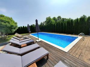 uma piscina com espreguiçadeiras e um guarda-sol em Large apartment in Central Istria with private pool em Pulići