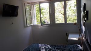 a room with two windows and a bed and a television at Le Mangin - Rent4night Grenoble in Grenoble