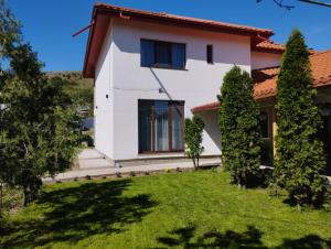 uma casa branca com árvores em frente em Agropensiunea Vila Cristina em Niculiţel