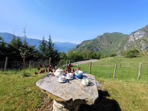 a stone table with tea cups and flowers on it at Chalet Merlo by Interhome in Porlezza