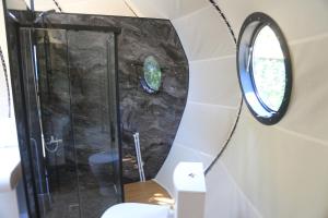 a bathroom with a shower and a mirror at Nefes Dağyenice Doğada in Bursa