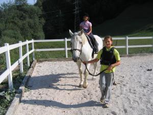 a young boy leading a girl on a white horse at Apartment Sever in Idrija