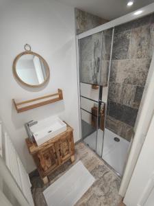 a bathroom with a shower and a sink and a mirror at Anibou, La Maison de Famille 2mn du ZooParc de Beauval in Seigy