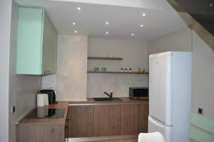 a kitchen with a sink and a refrigerator at Tomy Apartment Silver Mountain in Poiana Brasov