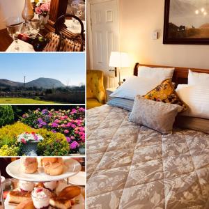 a collage of pictures of a bedroom with a bed and flowers at Hillcrest farmhouse Bed & Breakfast in Boyhollagh