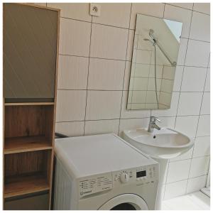 ein Badezimmer mit einer Waschmaschine und einem Waschbecken in der Unterkunft L'opale in Le Bourg-dʼOisans