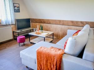 a living room with a white couch and a tv at Atlas Chmur Apartament in Biały Dunajec
