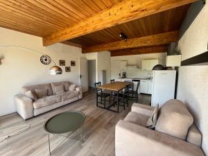 salon z kanapą i stołem w obiekcie Barcelonnette location avec jardin w mieście Barcelonnette +29 zdjęć