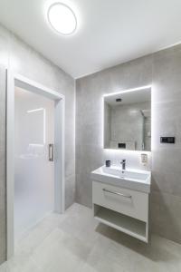 La salle de bains est pourvue d'un lavabo blanc et d'un miroir. dans l'établissement 4 pokoje, à Ostrava