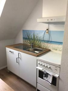 uma pequena cozinha com um lavatório e um fogão em Ferienwohnung Schlossberg 3 em Wirsberg