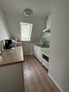 a small kitchen with a counter and a window at Ferienwohnung Schlossberg 3 in Wirsberg