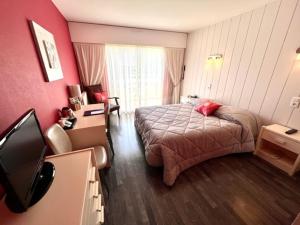 ein Hotelzimmer mit einem Bett und einem TV in der Unterkunft Hôtel Restaurant le Panorama in Évian-les-Bains