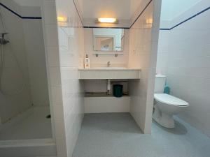 a bathroom with a sink and a toilet and a shower at Le Tournesol in Mimizan +3 photos