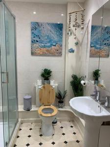 een badkamer met een toilet en een wastafel bij Bougainvillea in Ventnor