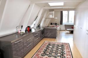 een keuken met een wastafel en een aanrecht met een tapijt bij Loft 6 kingsize apartment 2-4persons with great kitchen in Groningen