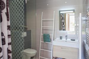 ein Badezimmer mit einem WC, einem Waschbecken und einem Spiegel in der Unterkunft Tramontana quiet place 7 min from beach swimming pool bbq in Calenzana
