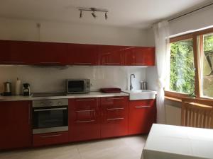 a kitchen with red cabinets and a microwave at Freundliches Studio bei Böblingen in Altdorf