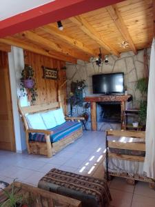 sala de estar con TV y chimenea en Armonia de la Naturaleza en San Martín de los Andes