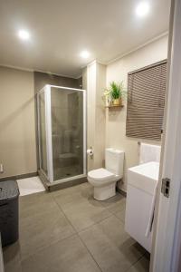 La salle de bains est pourvue d'une douche, de toilettes et d'un lavabo. dans l'établissement Stay at The Point - Superb Studio Serenity, à Durban
