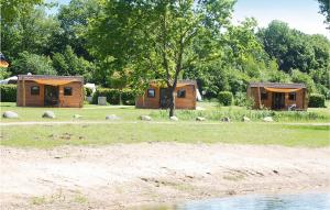 un grupo de animales parados en la hierba junto a una cabaña en Amazing Home In Ssel With Wifi, en Süsel