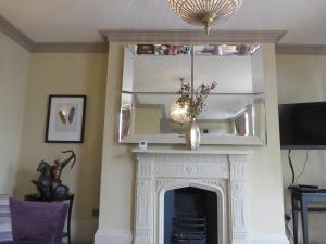 a living room with a fireplace and a mirror at Hewlett Apartments in Cheltenham