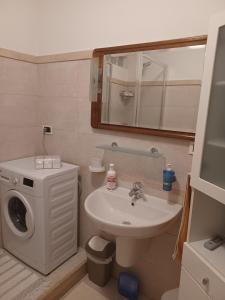a bathroom with a sink and a washing machine at Mini Appartamento Lido Riccio in Ortona +22 photos