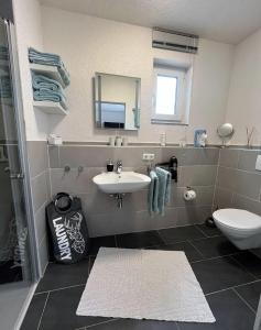 ein Badezimmer mit einem Waschbecken, einem WC und einem Spiegel in der Unterkunft Ferienwohnung-Mesenich in Zell an der Mosel