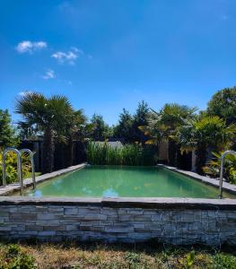 una piscina en un patio con palmeras en Émeraude, en Penmarch